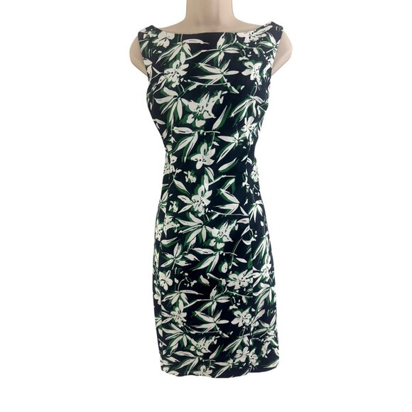 Chaps Navy Blue Green Floral Print Sleeveless Sheath Dress Size 16 Summer Cruise - Picture 2 of 9